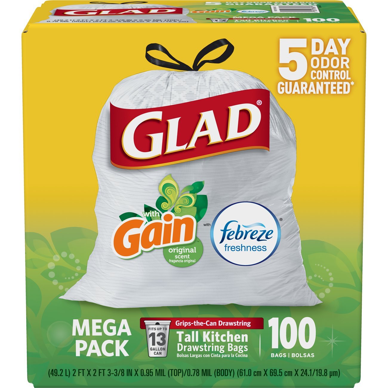 Glad OdorShield Tall Kitchen Drawstring Trash Bags - Gain Original Febreze Freshness - 13 Gallon - 100 Count