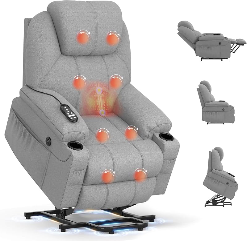 BareTay Power Lift Recliner Chair With Massage Heat USB Type C 2 Cup Holders