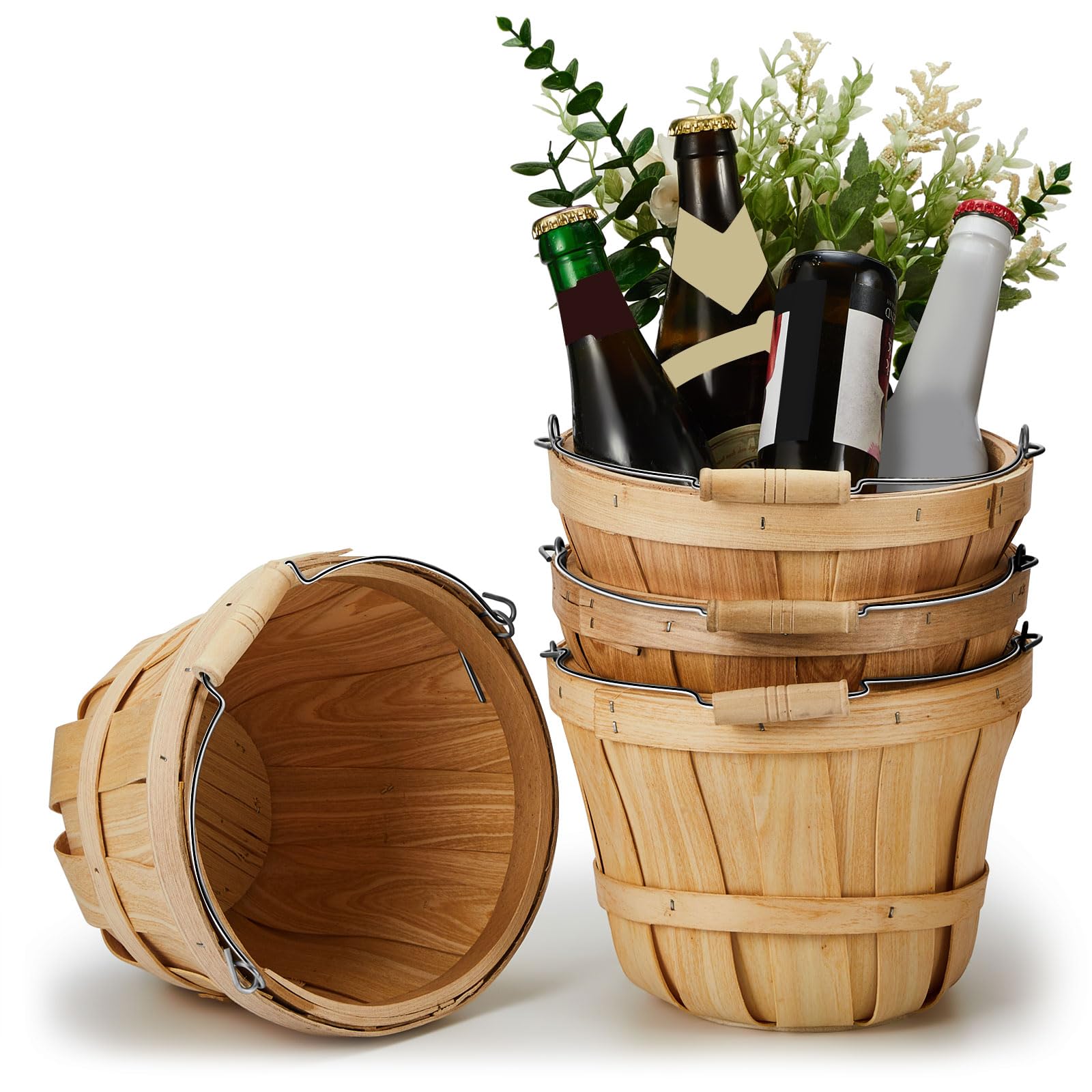 Photo 1 of Tatuo 4 Pcs Round Wooden Apple Baskets Wood Fruit Buckets with Handle Fall Harvest Basket Portable Bushel for Market Vegetables Garden Home Party Supplies Easter Gifts (Wood)