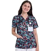 Scrub Tops for Women, V Neck Printed Scrub Tops, Medical Nursing Stretchy Shirts w/ 3 Pockets (Runs Small, Please Size Up)