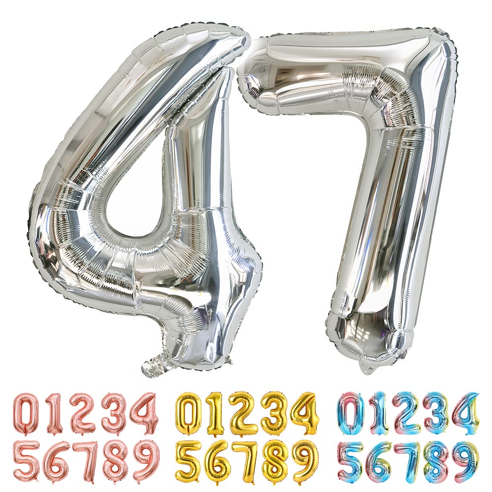 Ponmoo Foil Balloon Number 47/74 Silver, Giant Numbers 0 1 2 3 4 5 6 7 8 9 10-19 20-29 30-39 40-49 50-60-70-80-90-100, Large Balloons for Wedding Anniversary Birthday Party Decoration