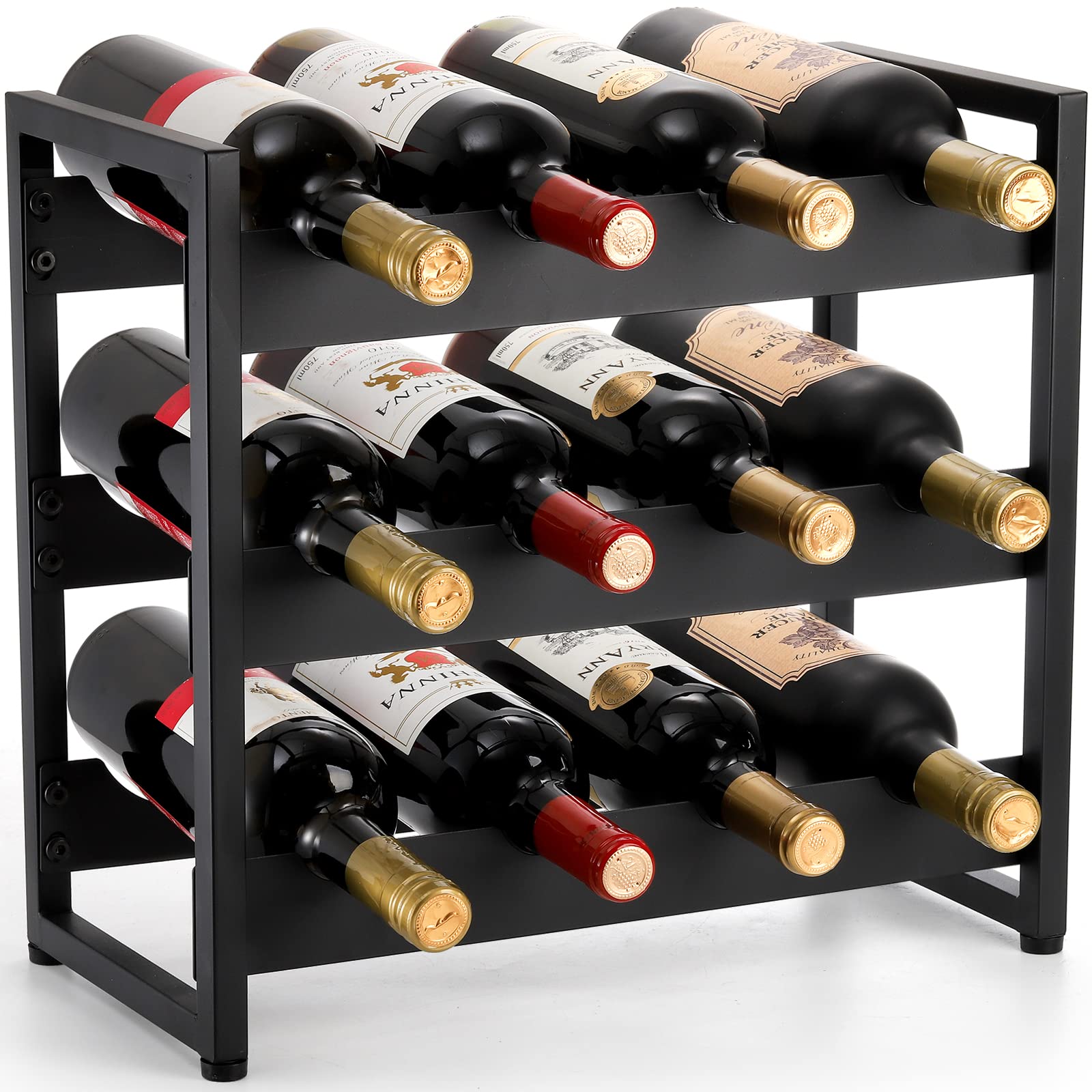 AVLA 12 Bottles Wine Rack Countertop, Freestanding 3 Tier Wine Holder, Liquor Display Storage Organizer Stand, Free Standing Floor Wine Cabinet Shelf for Kitchen Wine Cellar Tabletop Bar Dining Room