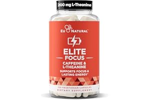 EU NATURAL Elite Caffeine Pills with L-Theanine – Jitter-Free Focused Energy Supplements – Clean & Natural Nootropic Stack for Smart Cognitive Performance – 120 Soft Capsules