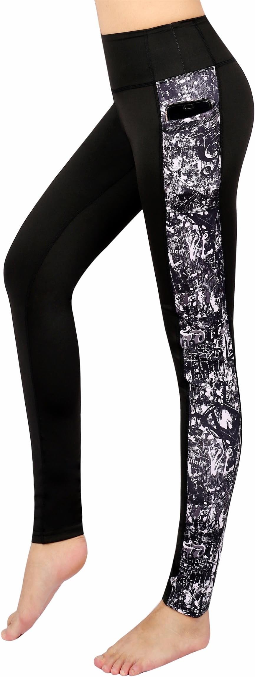 Azale Women's Yoga Leggings Exercise Workout Pants Gym Tights,Black/Printed/Side Pocket/Back Zipper Pocket, M