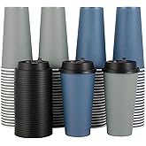 LITOPAK 100 Pack 20 oz Disposable Paper Coffee Cups with Lids for Coffee, Water, Juice, or Tea, Blue and Gray Hot Paper Cups for Home, Restaurant, Store, and Cafe