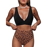 Hilinker Women's Leopard Bikini Swimsuits V Neck High Waisted 2 Piece Bathing Suits