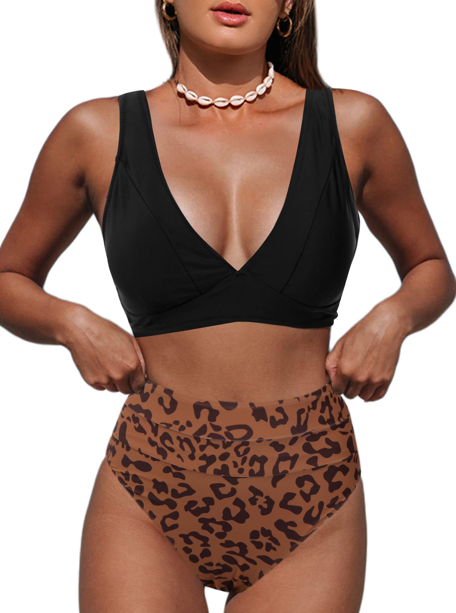 Photo 1 of Hilinker Women's Leopard Bikini Swimsuits V Neck High Waisted 2 Piece Bathing Suits (as1, Alpha, m, Regular, Regular, Black Brown)