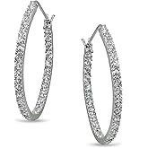 Sterling Silver 2mm Inside Out Cubic Zirconia Oval Hoop Earrings, Options Available
