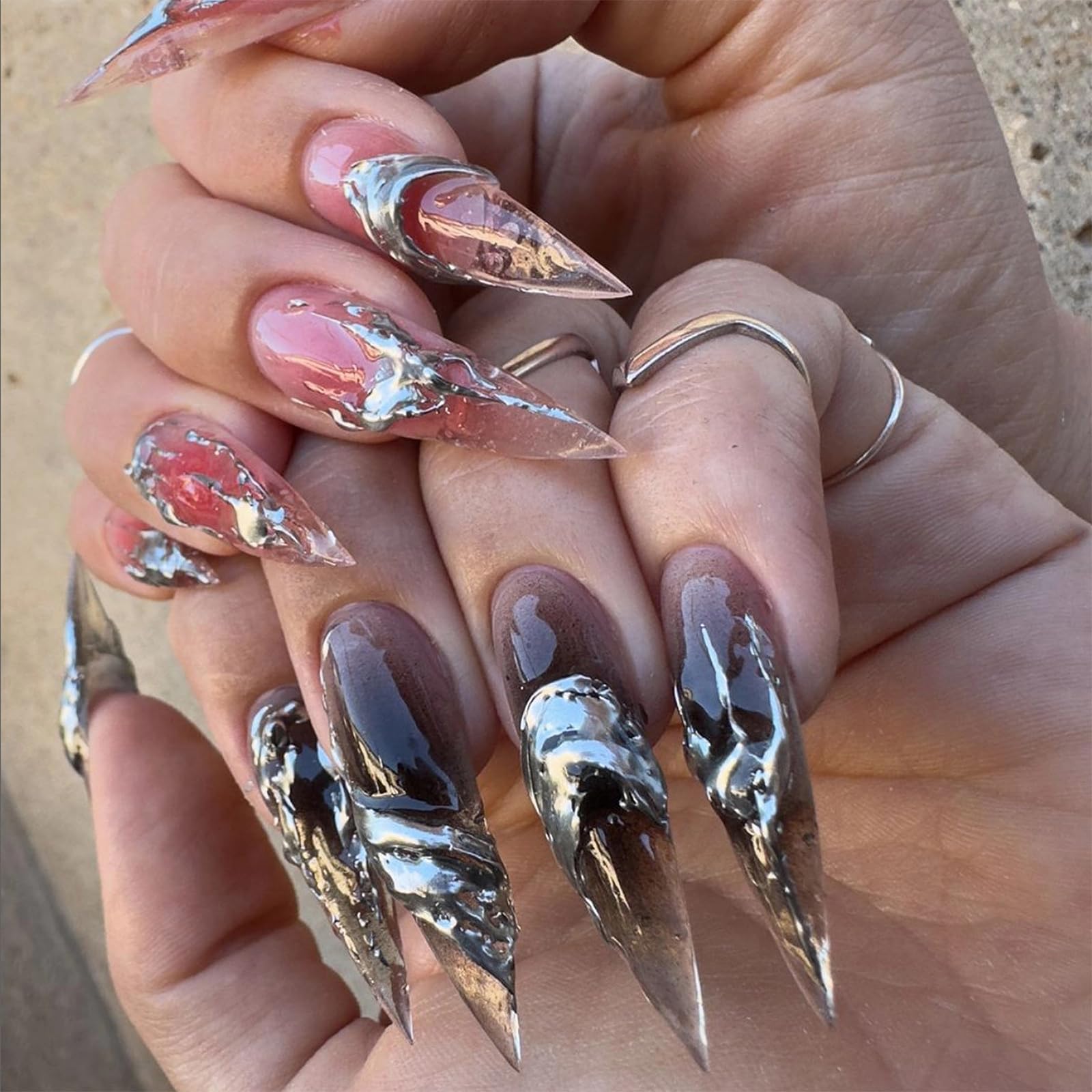 Photo 1 of MISUD Press on Nails - Long Stiletto Glue on Nails with Goth Pink Black, Acrylic 3D Silver Chrome Design 24 pcs