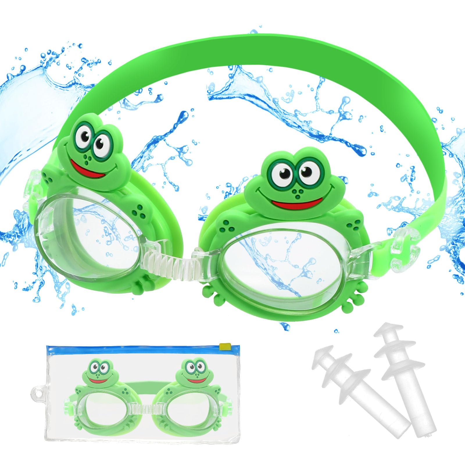Pwsap Kids Swim Goggles with Earplugs for Toddler Kids Youth(4-14), Cute Frog Swimming Goggles, Anti-Fog Anti-UV Leak-proof Clear Vision Water Pool Goggles, Swim Glasses with Potable Bag