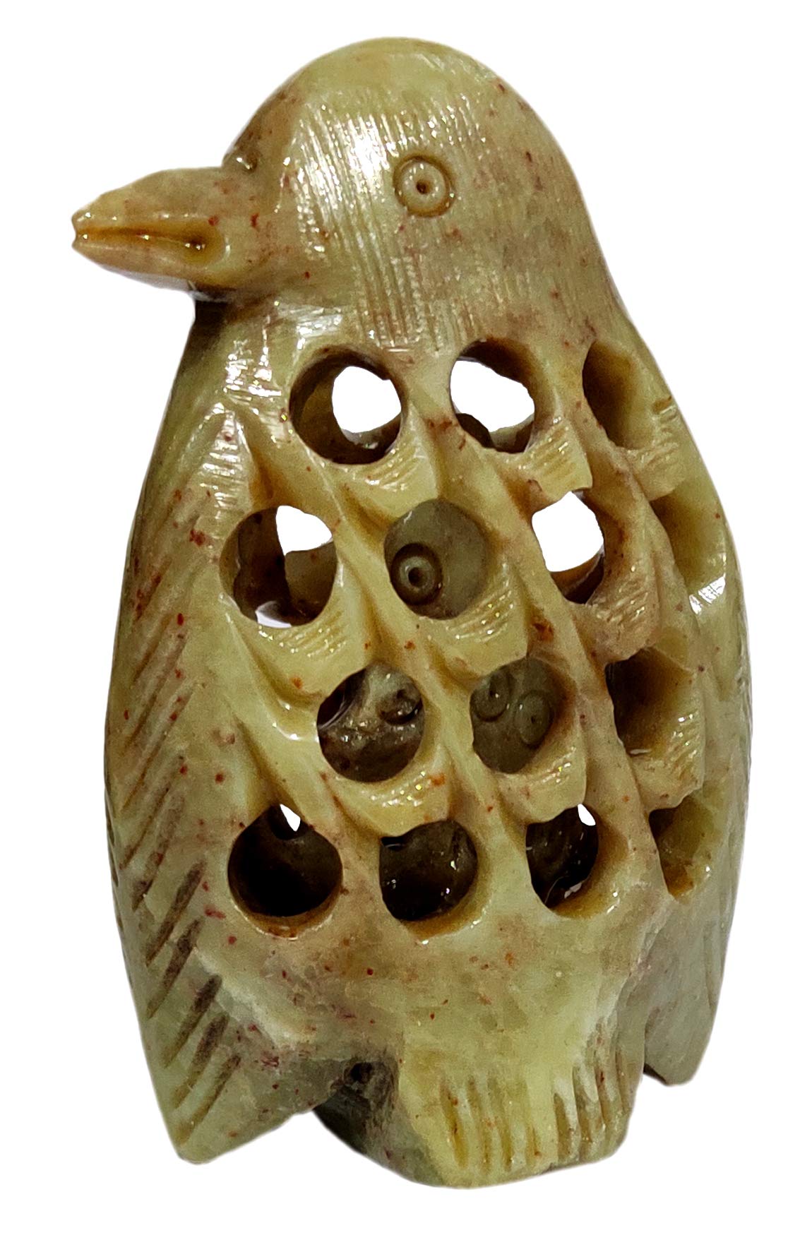 Purpledip Soapstone Statue Nested Penguins: Lattice Design Jaali Work Mesh Sculpture (12103)