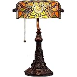 Bieye L10308 Dragonfly Tiffany Style Stained Glass Banker Desk Table Lamp with 10-inches Wide Lampshade for Reading Working, 