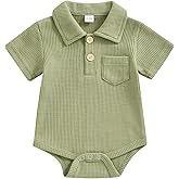 Lesimsam Newborn Baby Boy Clothes Waffle Knit Button Up Shirt Romper Solid Short Sleeve Collared Bodysuit One-Piece Outfit