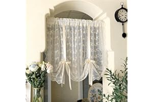 KMSG Bowknot Tie Up Kitchen Curtain Floral Balloon Lace Sheer Curtain Tiers for Small Cafe Windows Rod Pocket Light Filtering Ruffled Voile Window Valance for Wedding 1 Panel W55 x L39 Inch