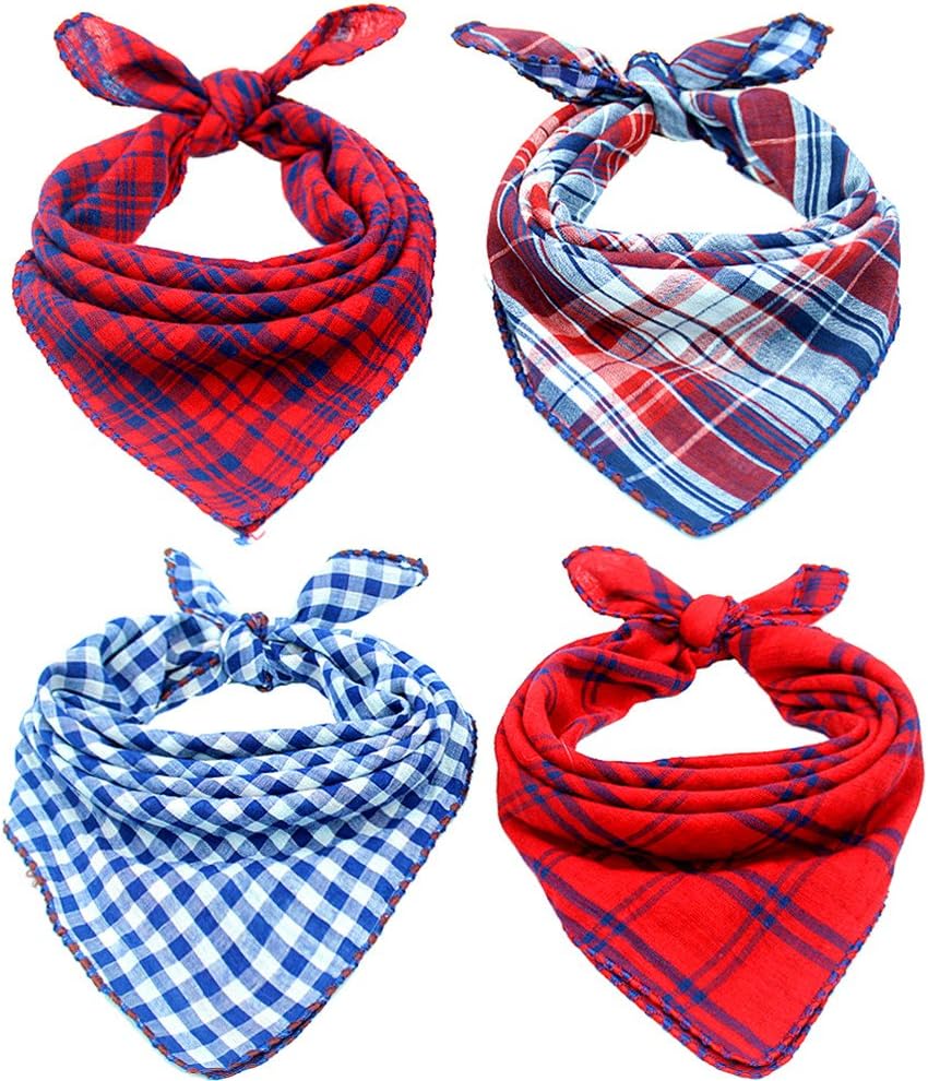 Invlab Dog Bandanas - 4 Pack Washable Triangle Bibs Scarfs, Reversible Plaid Printing Kerchief for Dogs and Cats