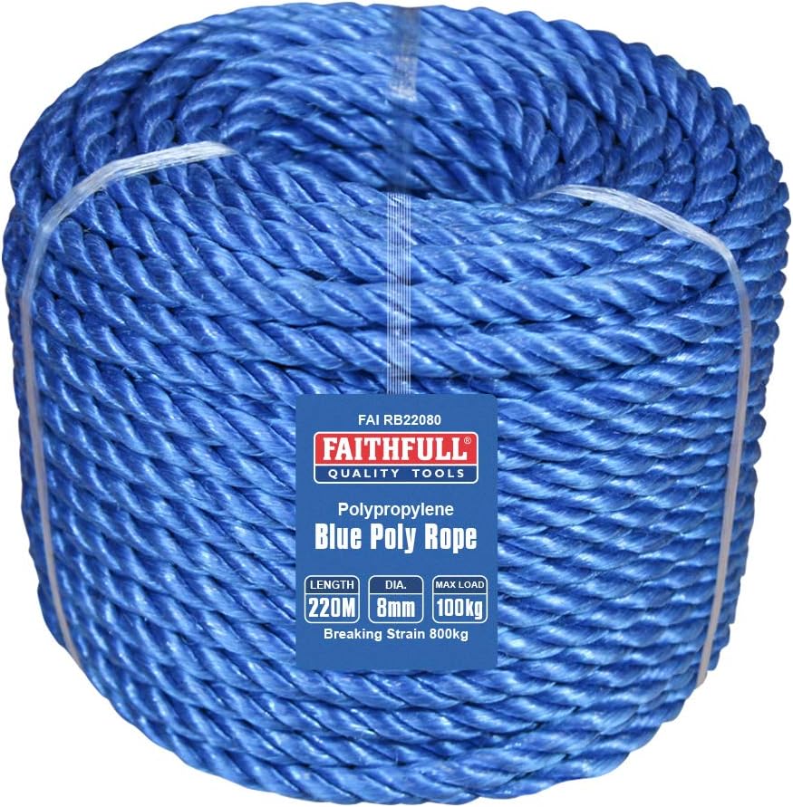 Faithfull FAIRB22080 Blue Poly Rope Coil 8mm Dia x 220M Max Load 100kg, Breaking Strain 800kg, 8mm x 220M