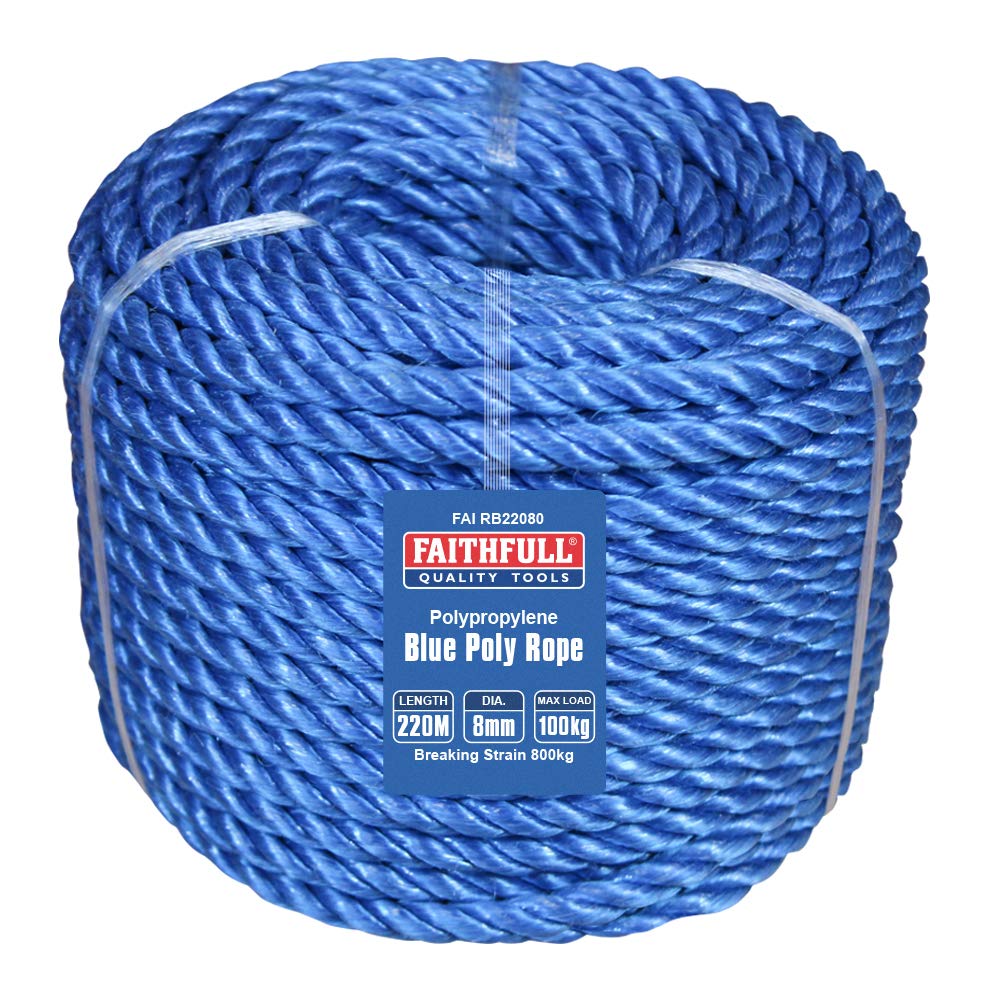 Faithfull FAIRB22080 Blue Poly Rope Coil 8mm Dia x 220M Max Load 100kg, Breaking Strain 800kg