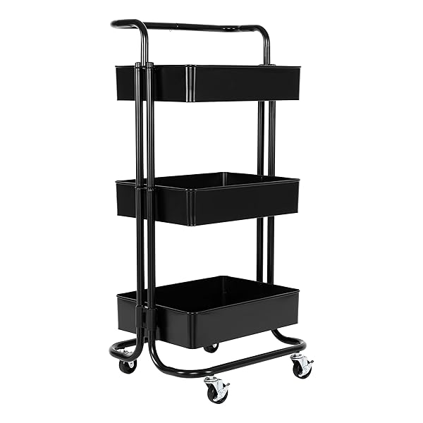 SEVILLE CLASSICS 3 BIN METAL ROLLING STORAGE UTILITY CART ORGANIZER TROLLEY W/LOCKABLE WHEELS FOR OFFICE, ART SUPPLIES, SCHOOL, SALON, KITCHEN, GARAGE, HOME, BLACK W/HANDLE