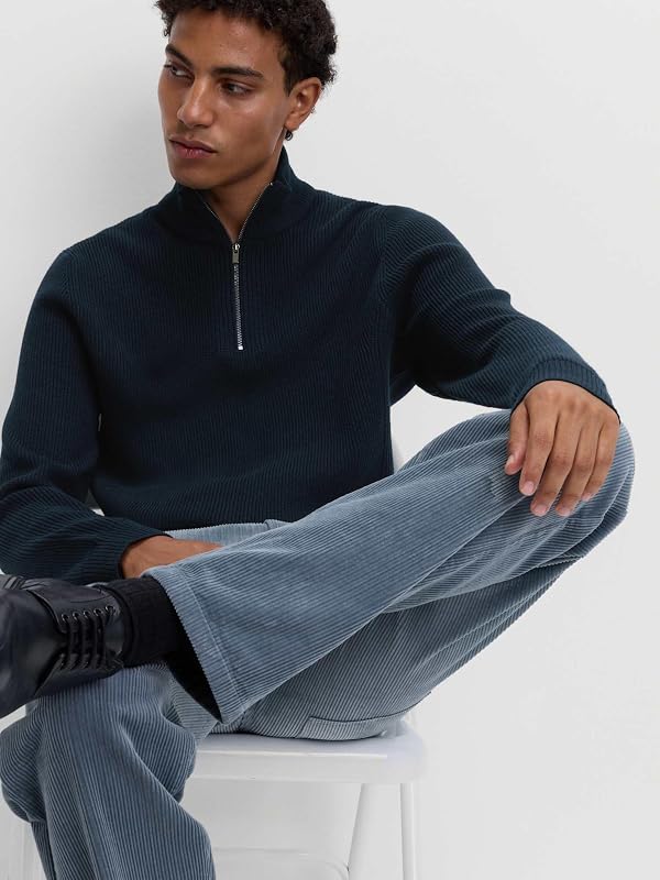 Camisola de meio fecho com canelas e algodão azul-marinho escuro M