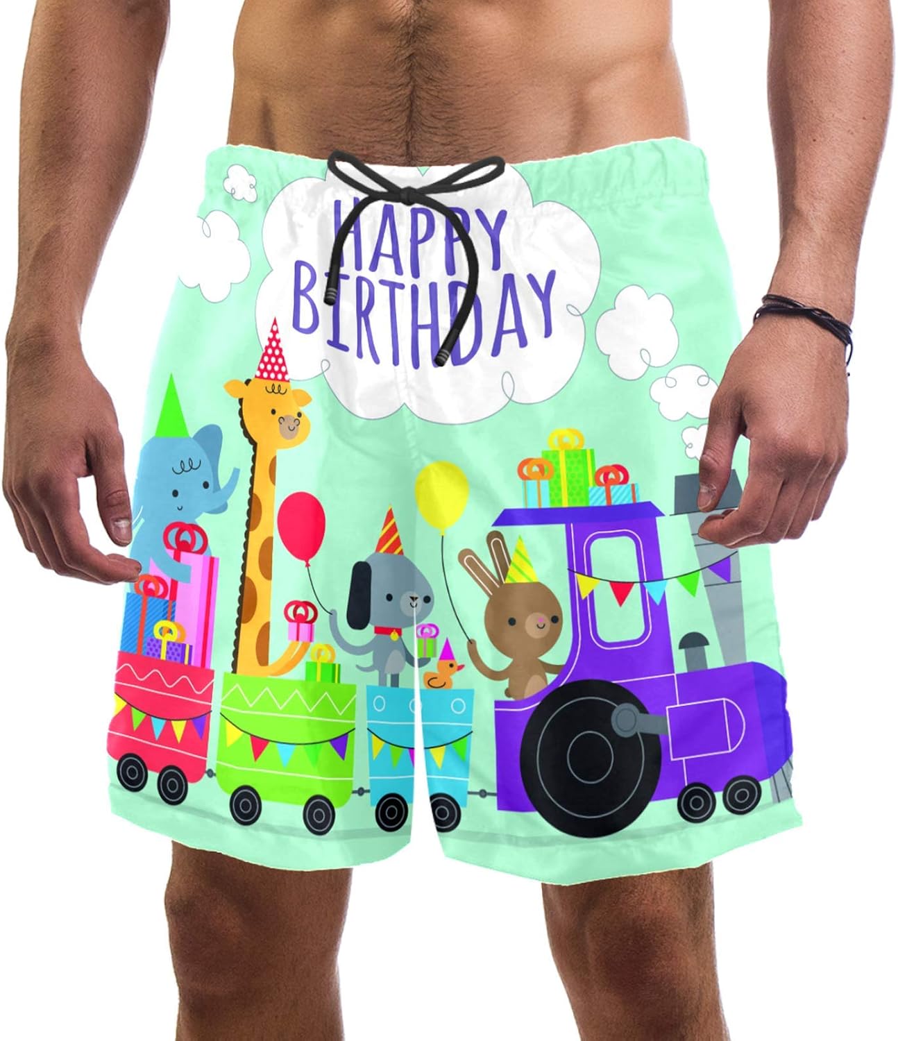 Funny Animals Birthday Party Men's Swimming Trunks Quick Dry Fashion Bathing Suit