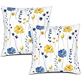 Waiyear Navy Blue Yellow Flower Pillow Covers Set of 2 Watercolor Floral Decorative Throw Pillow Case for Couch Bed Sofa Living Room Spring Summer Seasonal Decor Cushion Covers 18x18 Inch