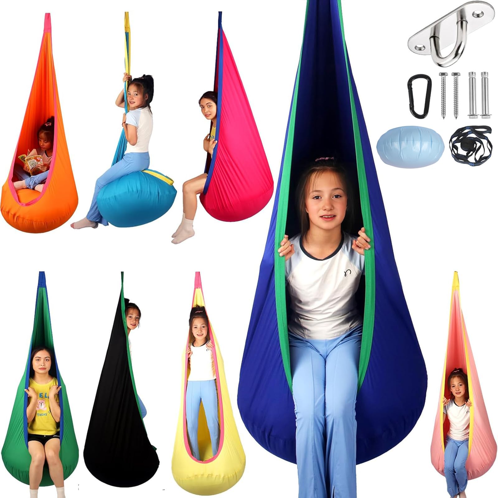 Photo 1 of HiCamer Sensory Swing for Kids Indoor and Outdoor Pod Hammock Chair Seat Upgrade Max 300 lbs Hanging Swing with Inflatable Cushion Includes Hardware Hanger Kit for Aspergers Autism ADHD (Blue)