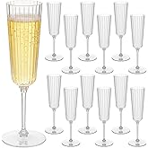 Jingmore 12 Pcs Plastic Ribbed Champagne Flutes With Stem, 6.4 oz Clear Vintage Disposable Champagne Glasses for Wedding Birthday Anniversary (Clear)
