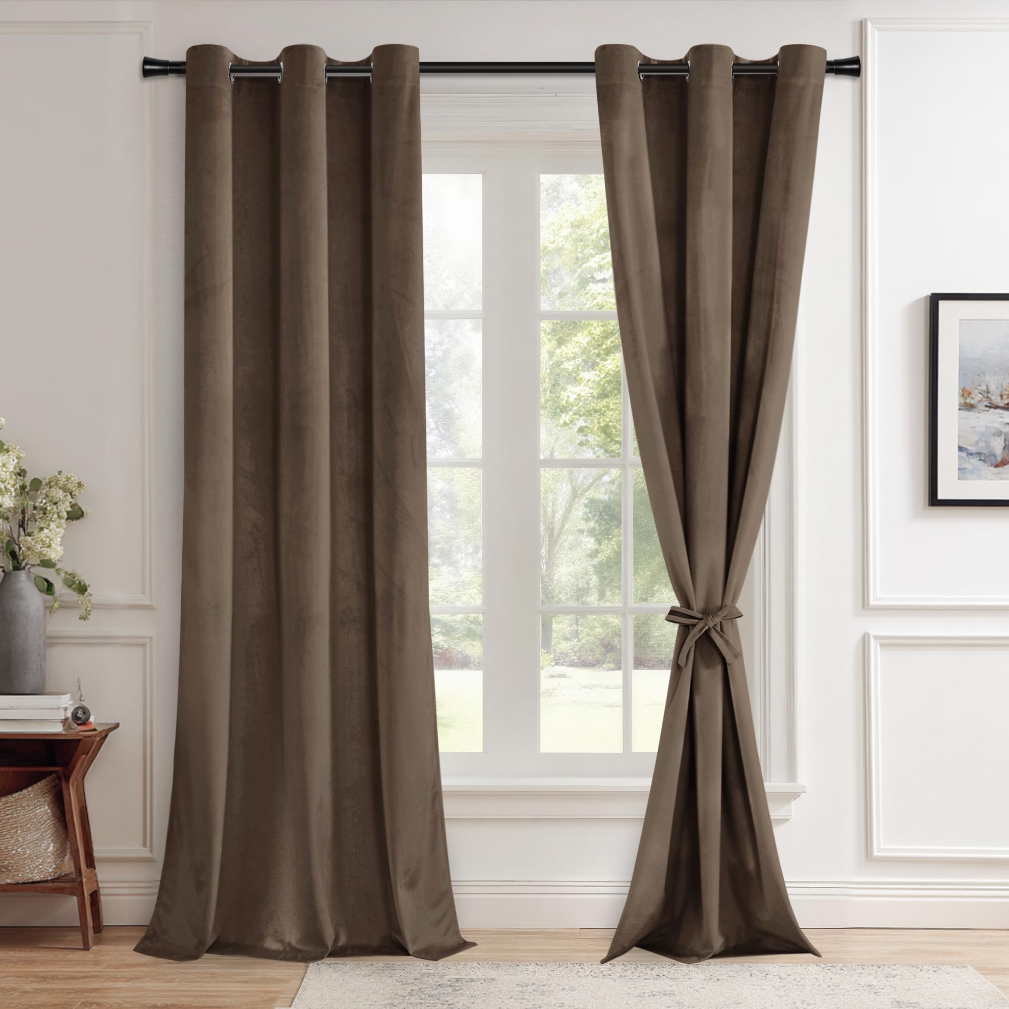 JIUZHEN Room Darkening Velvet Curtains 2 Panels Set, Luxury Window Treatment Privacy Thermal Insulated Backdrops for Living Room/Office,42W x 90L, Brown Image
