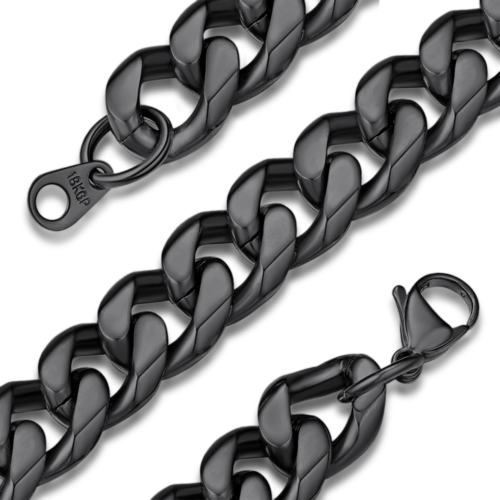 Short Black Chain For Men Women, 12mm Curb Necklace, 18 inches