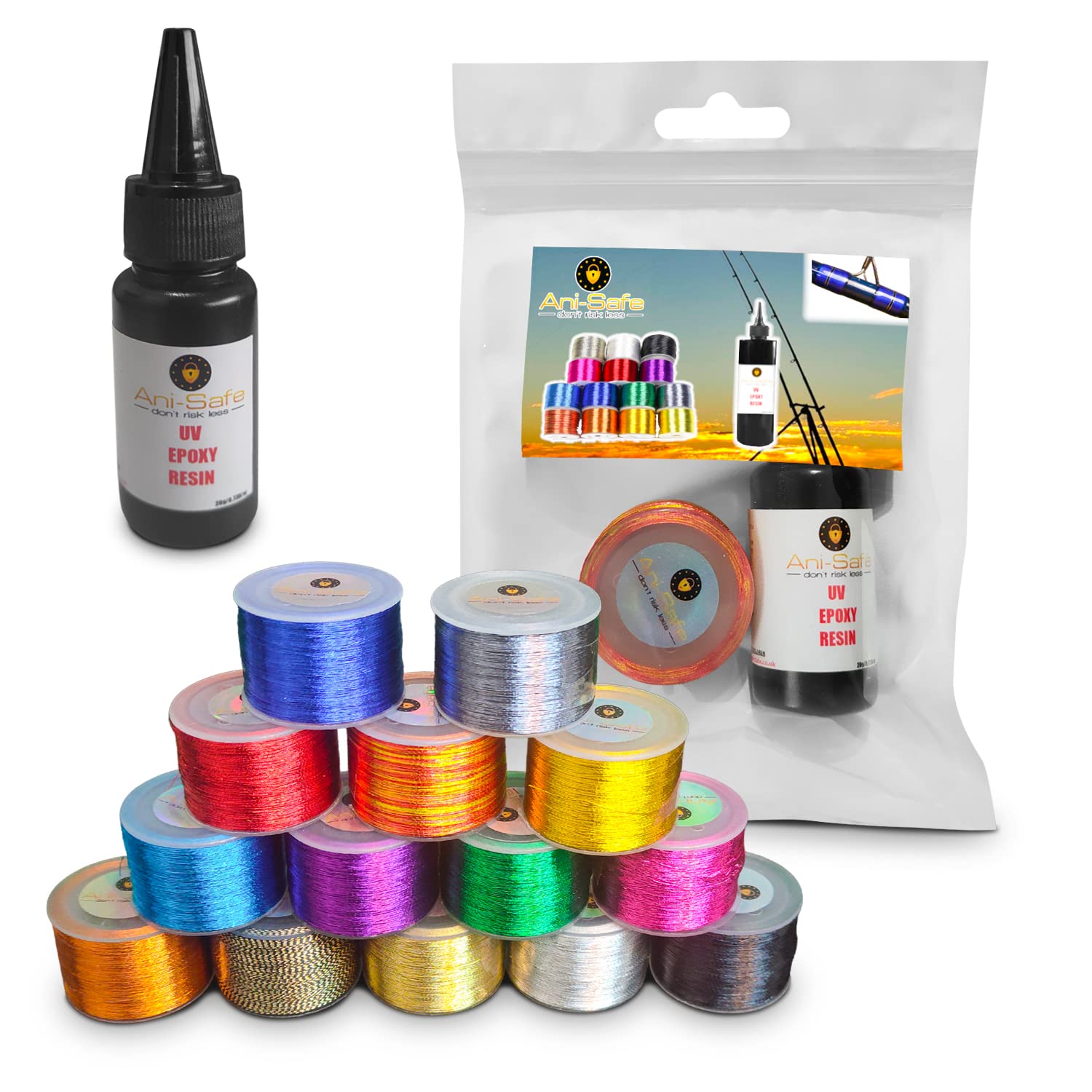 Ani-Safe Fishing Rod Eye Wrap Kit, set with 20g clear UV Epoxy Resin, Repair line, replacement, tip light installation, guide ring thread, Metallic whipping, building sea course beach (Grey)