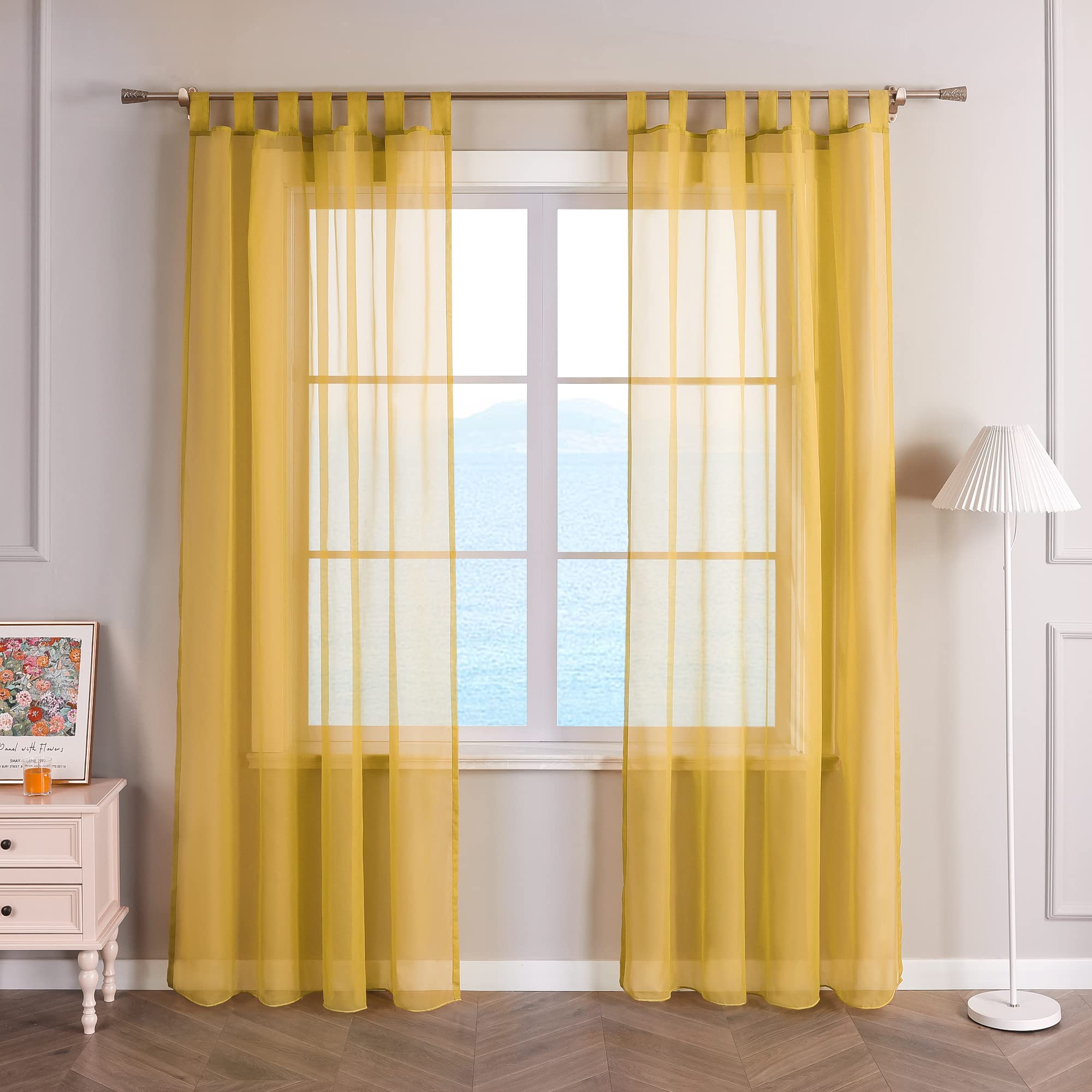 ESLIR Curtains with Tabs Window Curtain Transparent Tab-Top Voile Yellow W x H 140 x 225 cm Pack of 1
