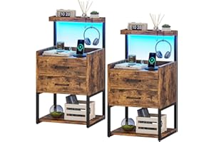 AOGLLATI LED Nightstand Set of 2 with Charging Station, 2 Drawers Night Stand with LED Lights for Bedroom, 2 USB Ports, 2 Power Outlets, Bed Side Table with Storage Shelves, 2 Pack, Rustic Brown