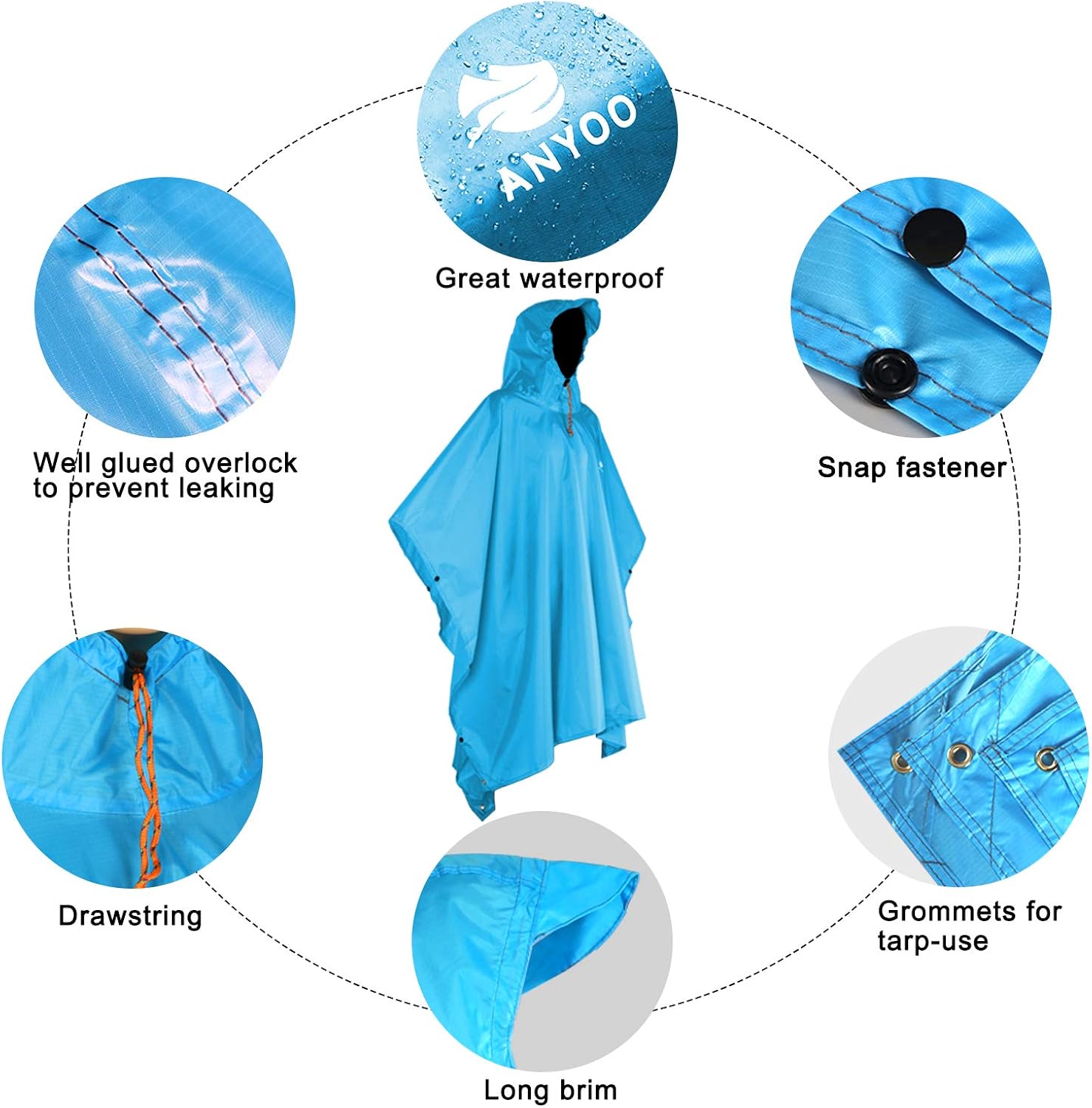 Anyoo Waterproof Rain Poncho Lightweight Reusable Hiking Hooded Coat Jacket for Outdoor Activities: Clothing