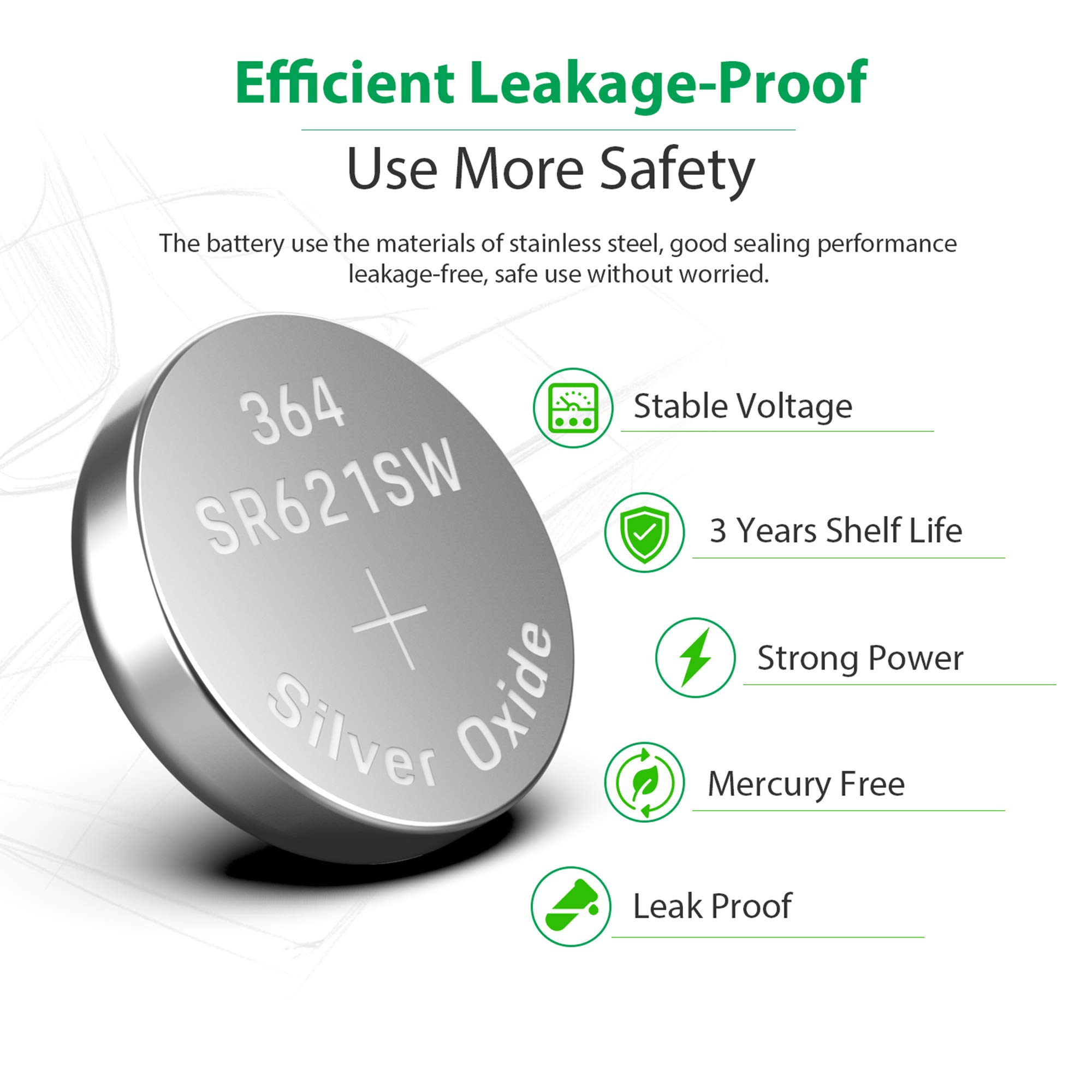 LiCB 10 Pack SR621SW 364 Watch Battery,Long-Lasting & Leak-Proof,High Capacity Silver Oxide 1.55V Button Cell Batteries for Watch