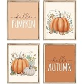 FYSUIMU 4Pcs Fall Wall Art Prints Hello Autumn Pumpkin Eucalyptus Leaves Art Poster Modern Thanksgiving Wall Decor for Home Kitchen Living Room Bedroom (UNFRAMED 8 x 10 Inch)