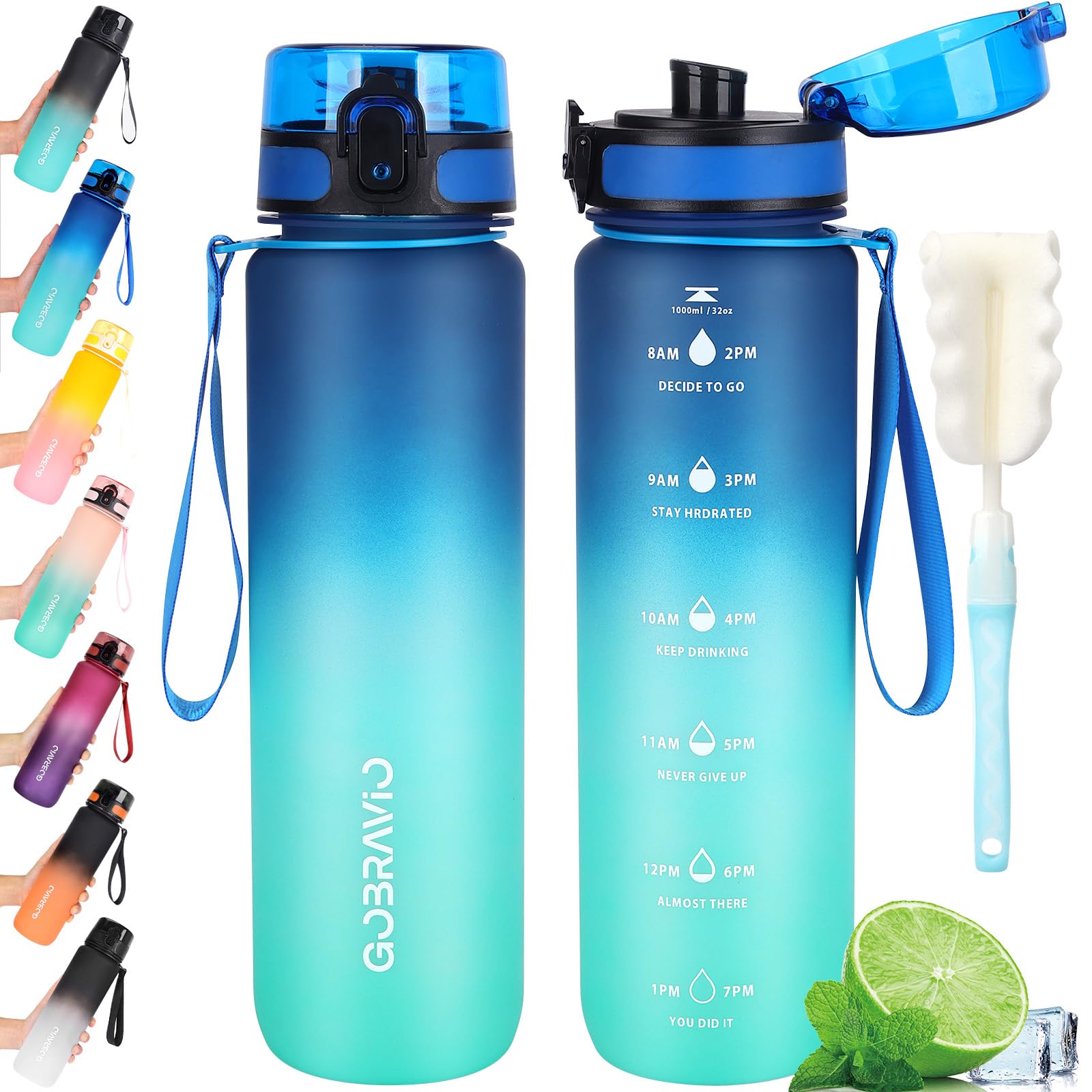 Gobravio Water Bottle 1L BPA Free Sports Drink Bottle Dishwasher Safe Canteen Bottle Leakproof Motivational Water Bottle with Time Markings