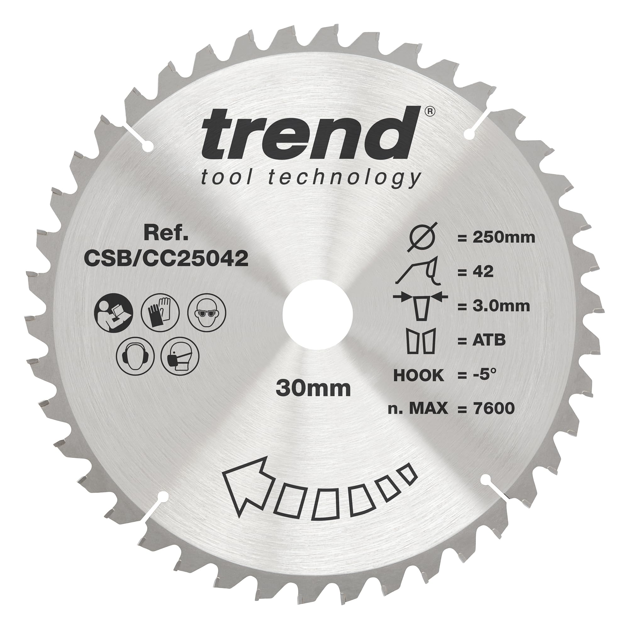 Trend Wood Mitre Saw Blade, 250mm Diameter, 30mm Bore, 42 Teeth, 3mm Kerf, -5° Hook, TCT, Medium Finish, CSB/CC25042