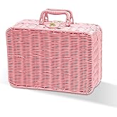 Mini Wicker Picnic Basket, Decorative Prop Suitcase Vintage Storage Hamper Makeup Organizer, 11.5" Metal Lock Rattan Storage Box with Handles for Sundries Travel Camping and Outdoor Party (Pink, L)