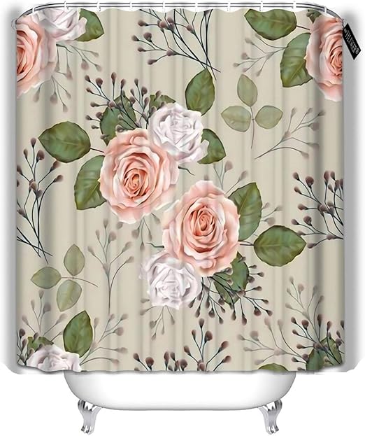 Amazon Com Yilinger Decor Bath Curtains Roses Peach And White Color With Little Flowers Leaves In Bouquet On Green Ligh Bathroom Decoration Shower Curtain 72 X72 Home Kitchen
