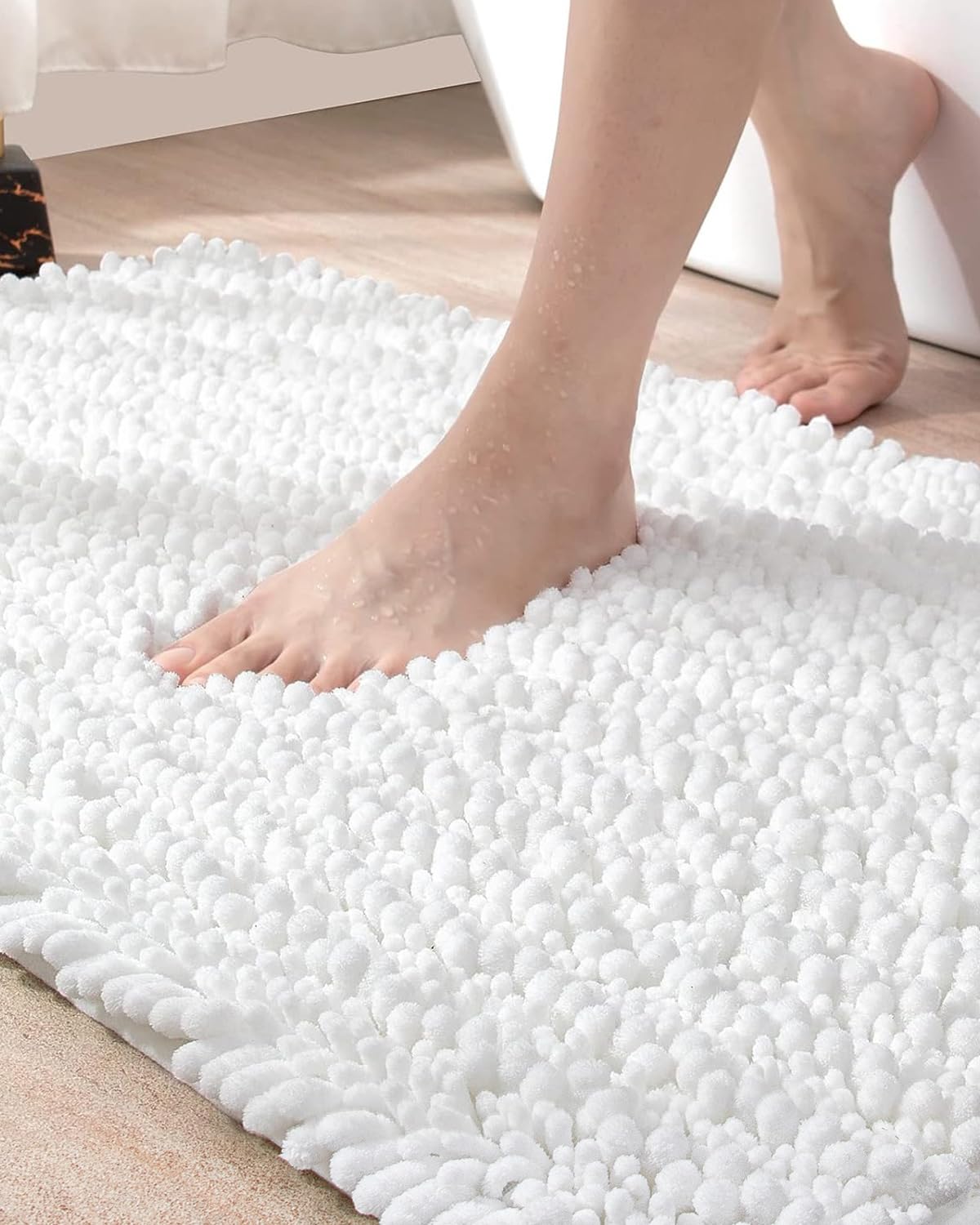 Photo 1 of DEXI Bathroom Rug 20x32, Super Soft Thick Chenille Absorbent Bath Mat, Non Slip Machine Washable Fluffy Shag Bathmat for Tub, Shower Floor, White