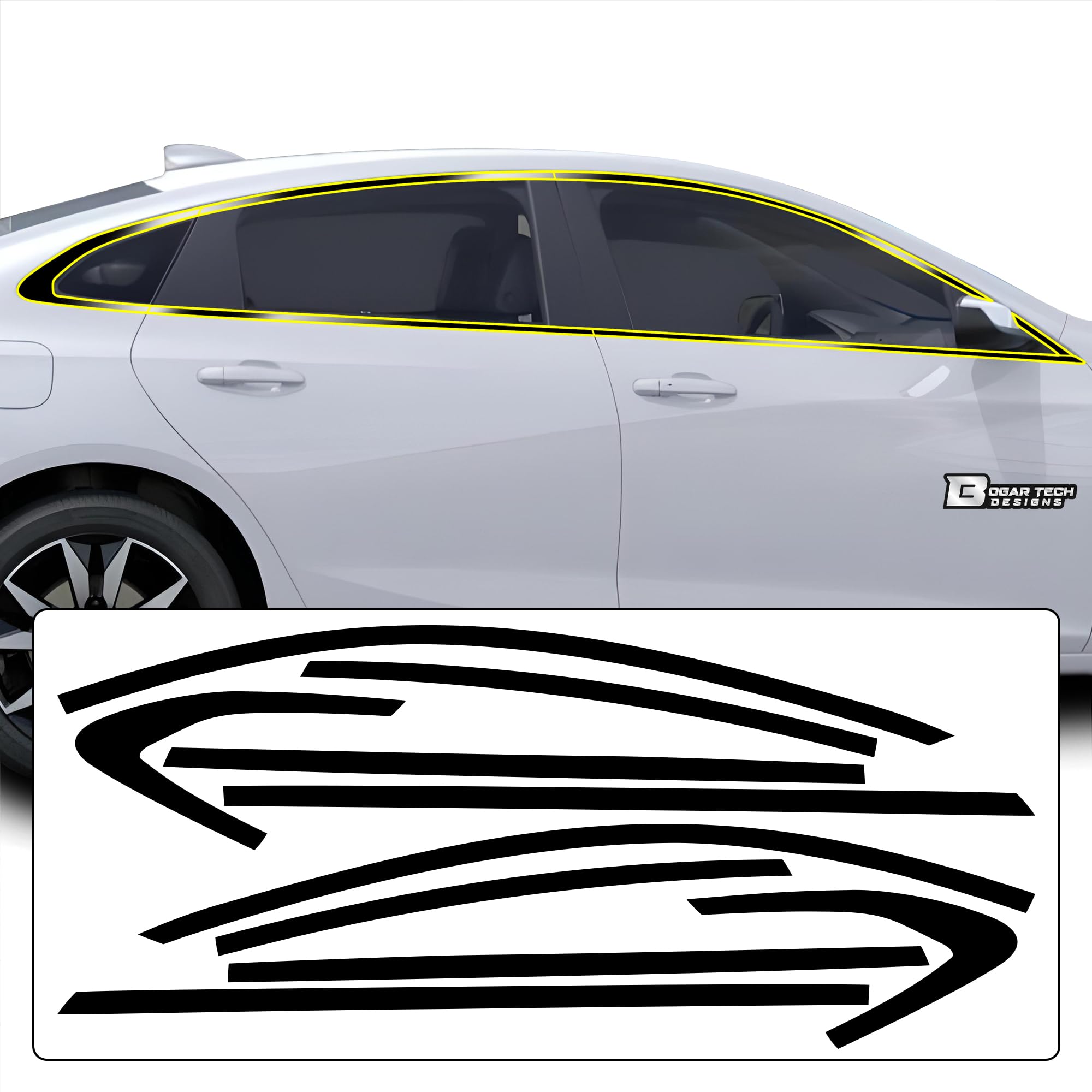Photo 1 of BOGAR TECH DESIGNS Side Window Trim Chrome Delete Sticker Decal Vinyl Film Replacement Compatible with Chevy Malibu 2019-2025, Gloss Black