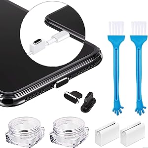 2 Sets Anti Dust Plugs, Include 2 Black Dust Plugs Compatible with iPhone 5/6/ 7/8/ X/XS, 2 Phone Cleaning Brushes, 2 Plug Holders and 2 Storage Boxes (8 Pieces in Total)