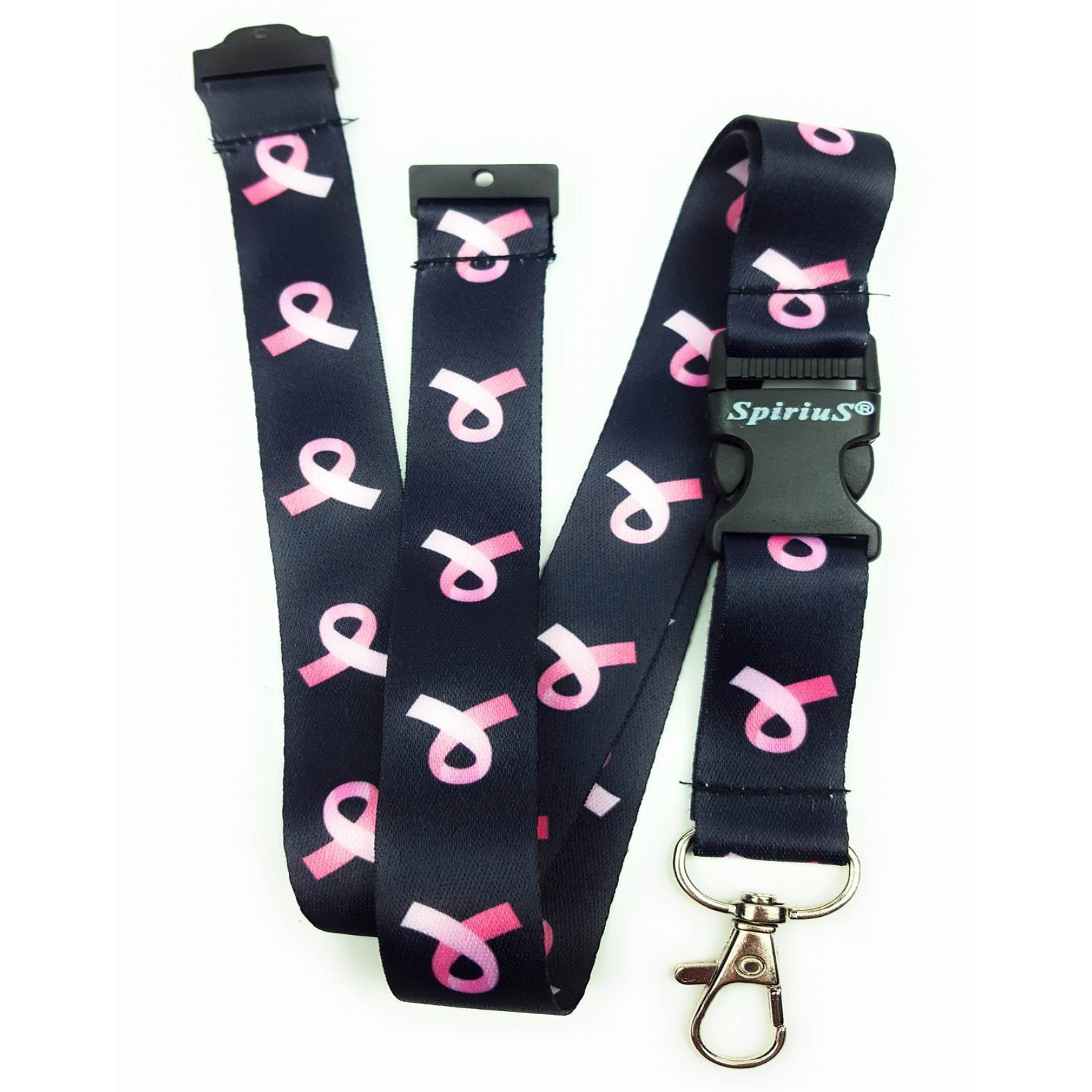 SpiriuS Breakaway safety Neck Strap Lanyard Pink Ribbon with detachable Metal Clip for ID Card Badge Holder, Key Holder (Breast Cancer Logo in Black)