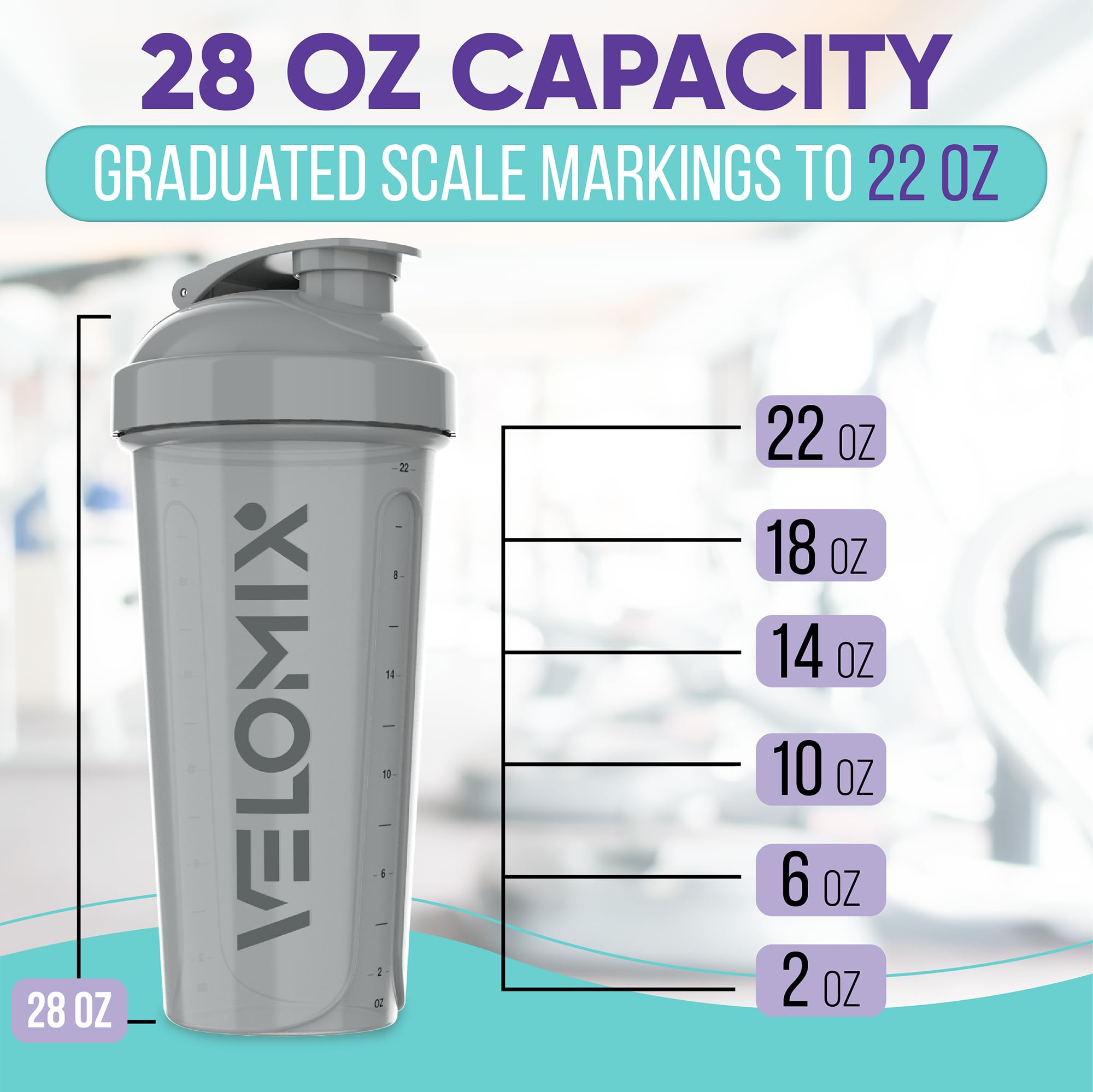 VELOMIX -4 Pack- 28 oz Protein Shaker Bottles for Protein Mixes - 4x Wire Whisk | Leak Proof Shaker Cups for Protein Shakes | Protein Shaker Bottle Pack (Silver Mix)