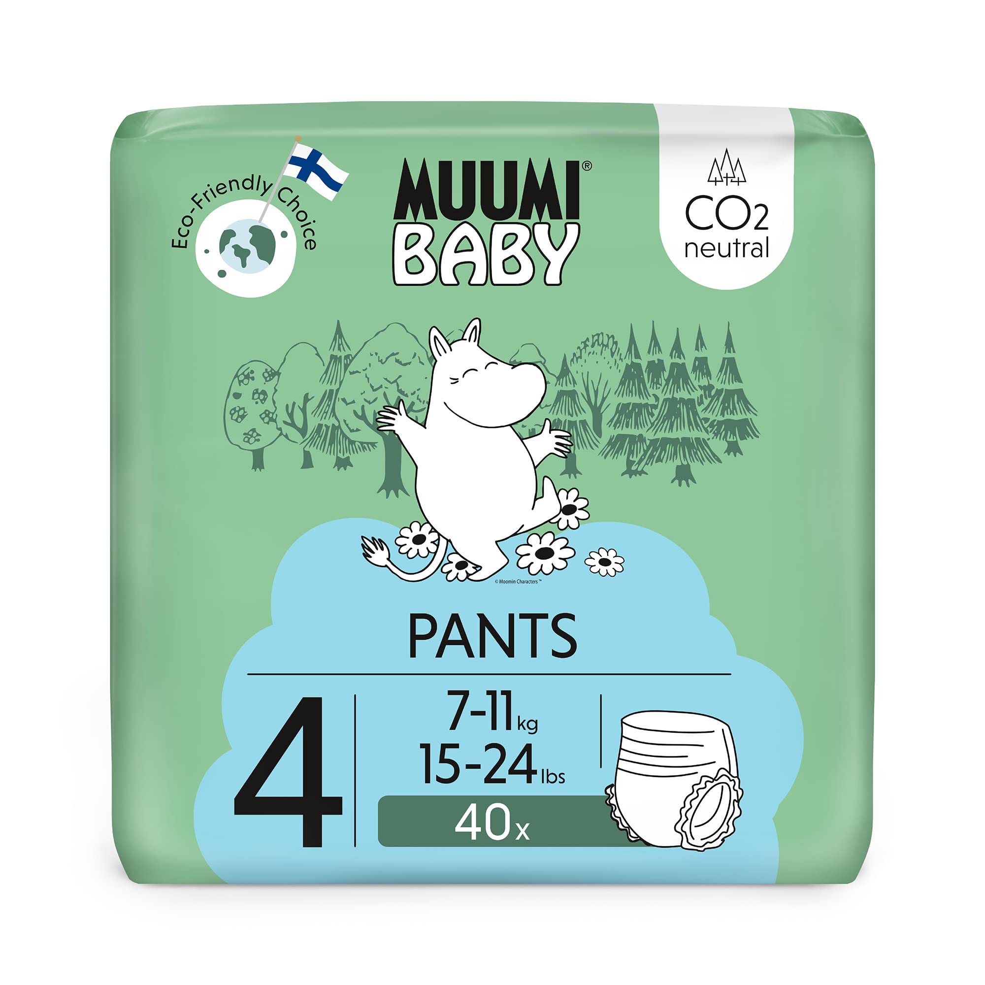 Muumi Baby Eco Pull Ups Size 4, 7-11 kg, 40 Sensitive Premium Nappy Pants with Leakage Barrier | Soft and Skin Friendly, No Unnecessary Chemicals |
