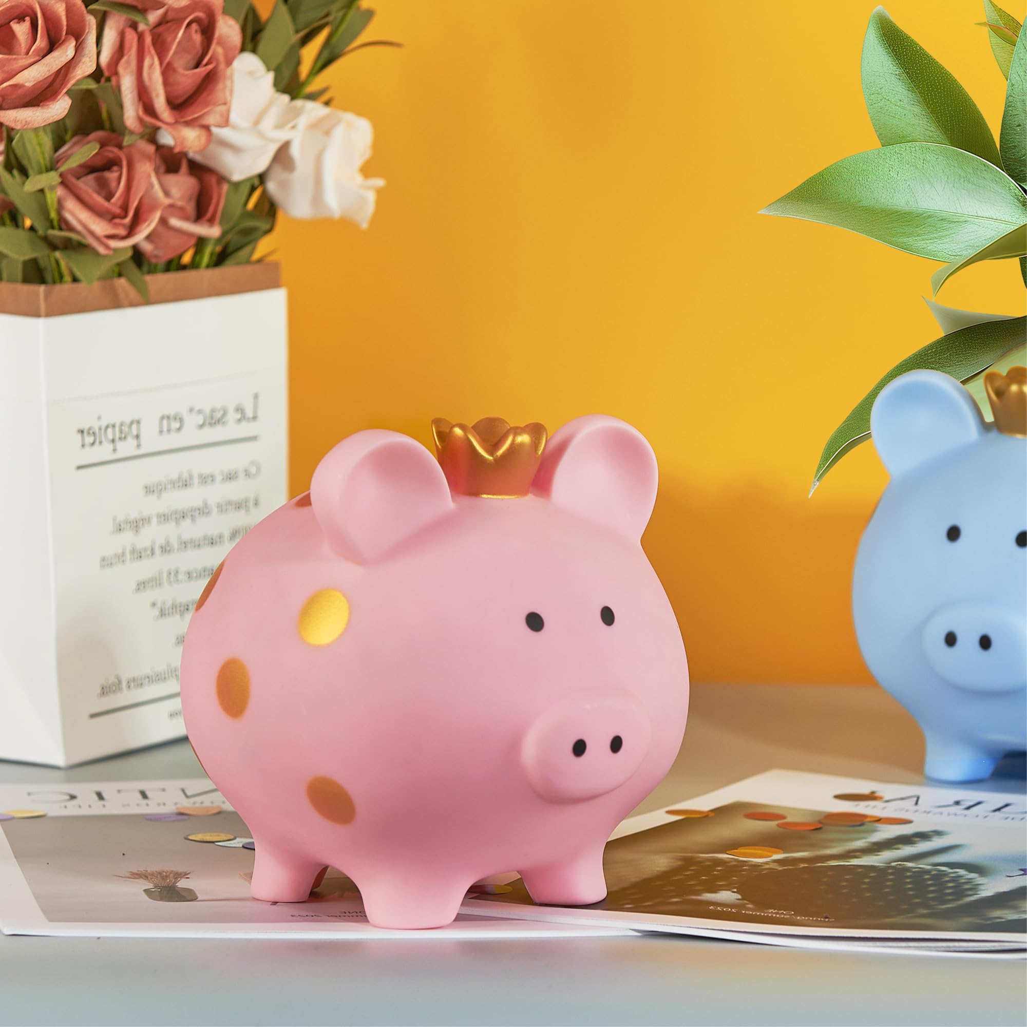 Piggy Bank for Girls, Large Unbreakable Plastic Toddler Money Saving Bank with Crown, Pig Coin Bank for Boys, Personalized Decor Money Container Birthday for Kids (Pink)