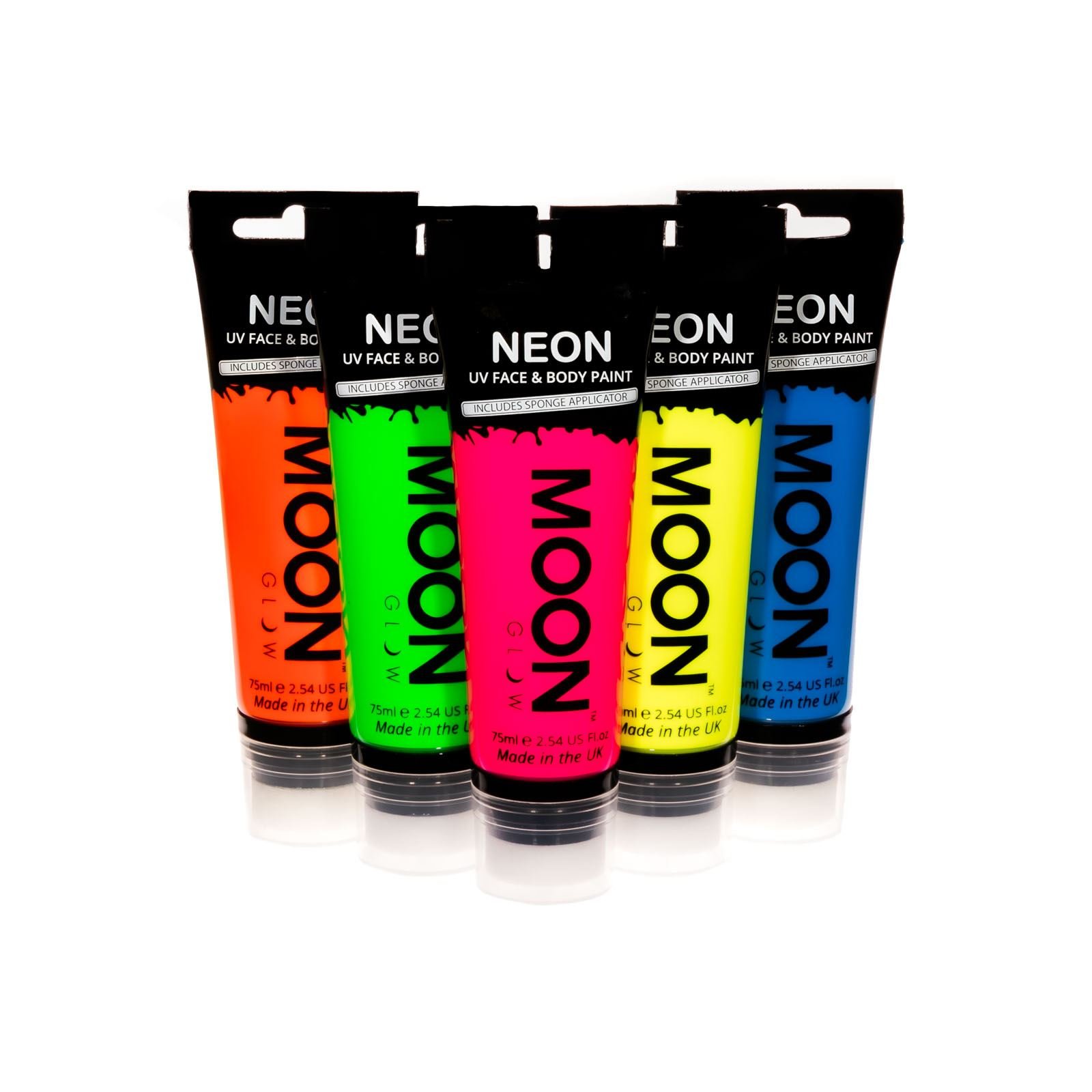 Moon Glow Supersize 75ml Neon UV Face & Body Paint - Choose from 9 colours - with sponge applicator (Set of 5)