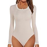 MEROKEETY Women's Long Sleeve Ribbed Knit Bodysuits Scoop Neck Slimming Fit Fall Trendy Sweater Tops
