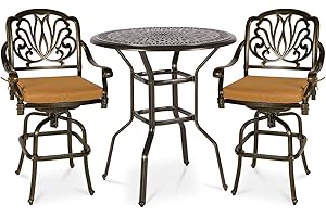 MEETWARM 3-Piece Patio Swivel Bar Set, All-Weather Cast Aluminum Outdoor High Bar Stool Bistro Set for Backyard Garden with 2 Cushions Bar Chairs with Footrest and 35.4" Bar Table, 2" Umbrella Hole