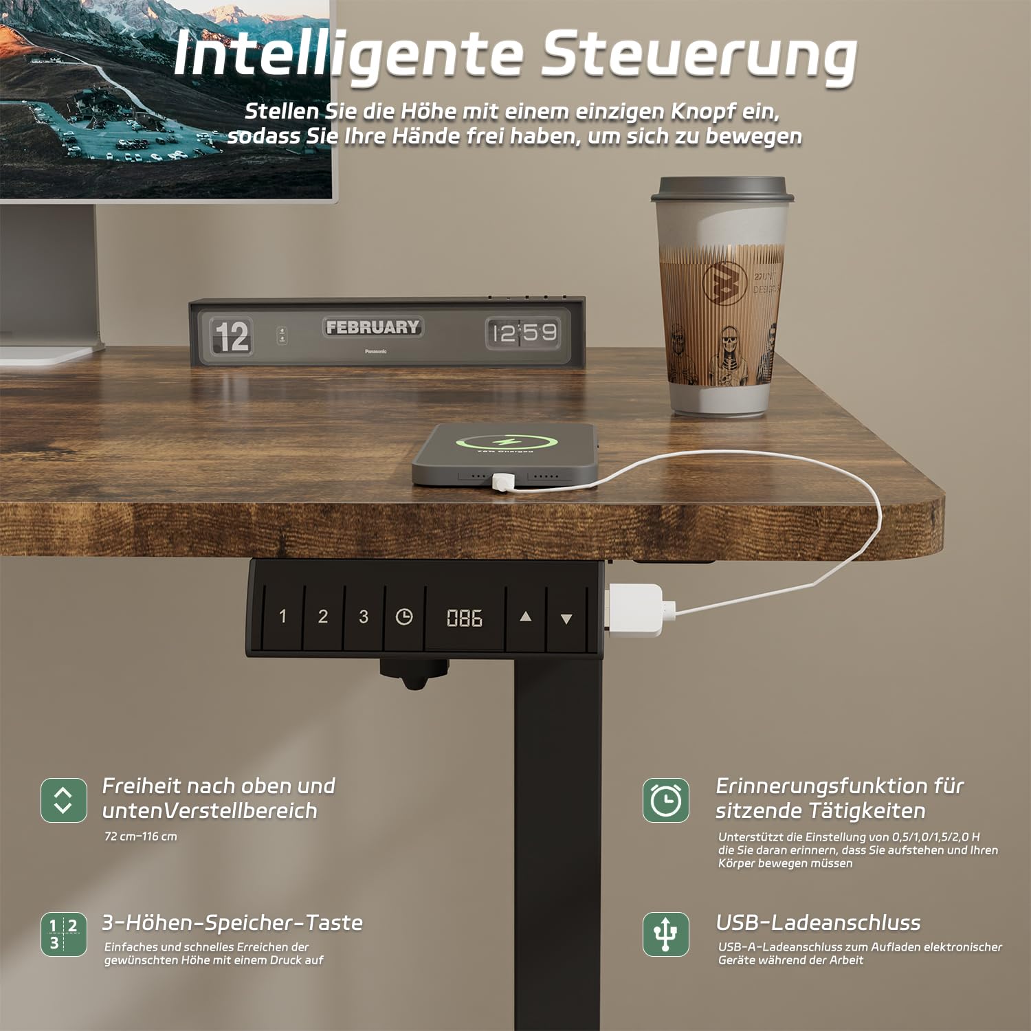 Airfish Höhenverstellbarer Schreibtisch 140x70 cm, Elektrisch Schreibtisch mit Kabelwanne, Computertisch mit USB-Buchse, Bürotisch, Stehpult mit Erinnerung an sitzende Tätigkeiten, Vintage-Braun 4